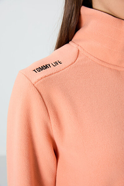 TOMMY LIFE Melon Inside Stand Collar Zippered Comfortable Form Women's Fleece Sweatshirt - 97173