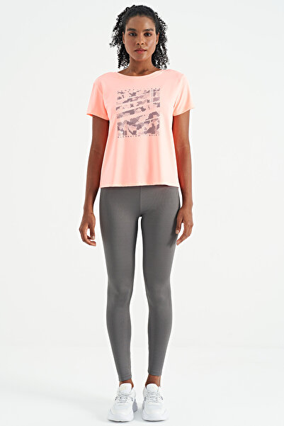 TOMMY LIFE Dark Gray Logo Printed Ribbed High Waist Slim Fit Women's Leggings - 94633