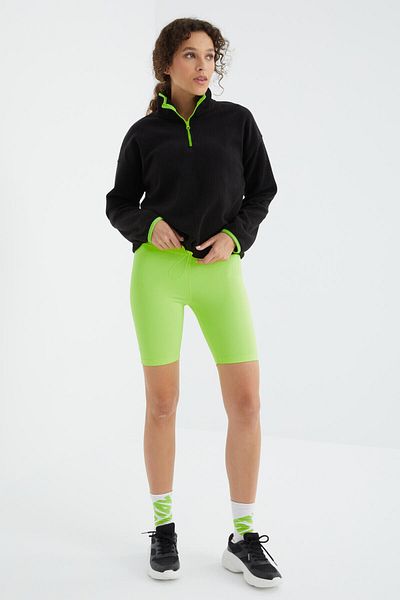 TOMMY LIFE Black Half Zipper Hem Gathered High Collar Oversize Women's Fleece Sweatshirt - 97234