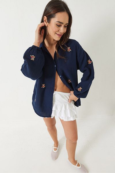Bianco Lucci Women's Teddy Embroidered Oversize Cotton Shirt with Elastic Sleeves 2060 60283011