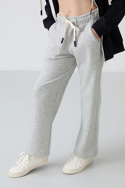 TOMMY LIFE Gray Embroidered Embroidered Girl's Sweatpants - Melange Cotton, Furry Inside, Soft Textured - 75146