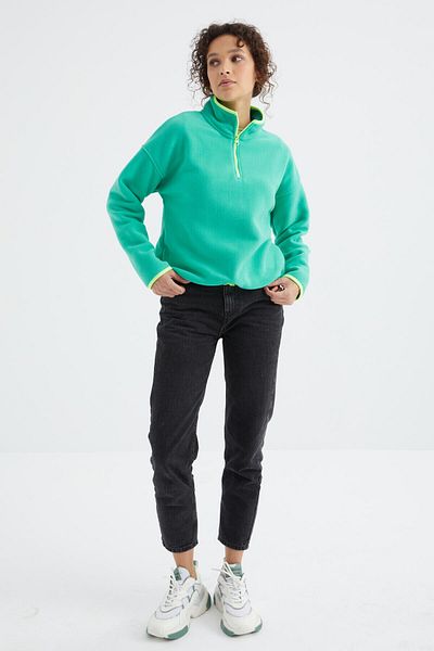TOMMY LIFE Γυναικείο φούτερ Fleece Oversize Γυναικείο φούτερ με μισό φερμουάρ Sea Green - 97234