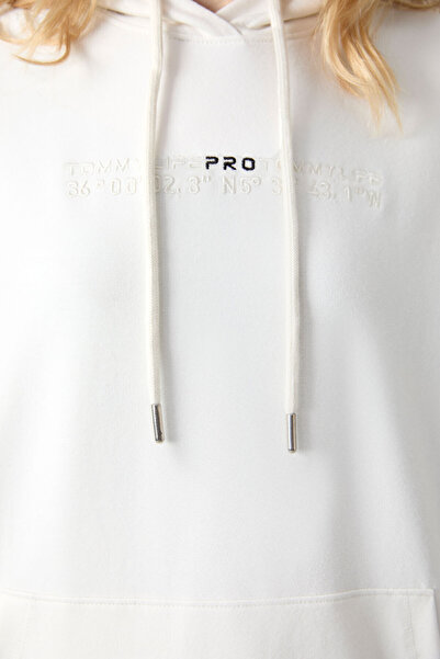 TOMMY LIFE Γυναικεία αθλητική φόρμα εκρού με κουκούλα Kangaroo Pocket Oversize Rubber Leg - 95288