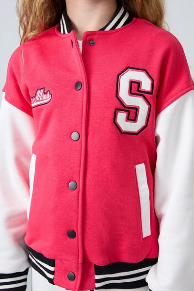 TOMMY LIFE Girl's Varsity Jacket - Red Cotton with Flame Feather Soft Embroidery Standard Fit