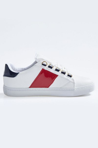 TOMMY LIFE Alb - Albastru bleumarin, pantofi sport pentru damă, cu dungi din piele artificială, cu șireturi - 89202