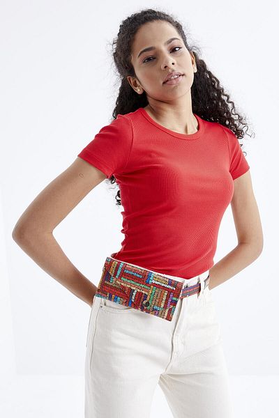 TOMMY LIFE Pomegranate Flower Basic Short Sleeve O Neck Women's T-Shirt - 97202