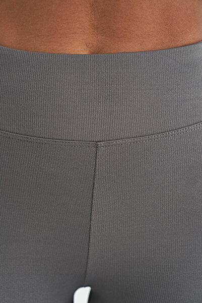 TOMMY LIFE Dark Gray Logo Printed Ribbed High Waist Slim Fit Women's Leggings - 94633