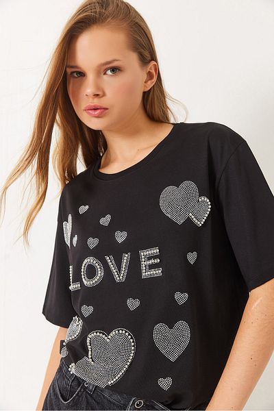 Bianco Lucci Women's Crew Neck Bead and Stone Heart Printed T-Shirt 60261389