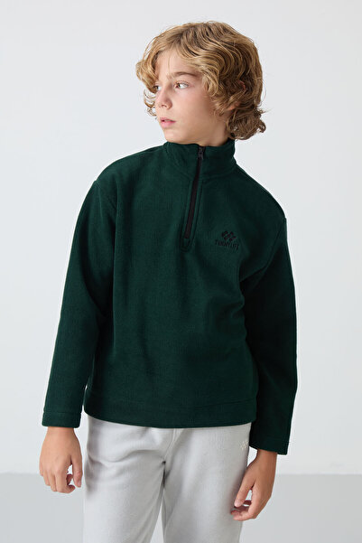 TOMMY LIFE Çam Yeşil Kalın Yumuşak Dokulu Standart Fit Nakışlı Polar Erkek Çocuk Sweatshirt - 11221