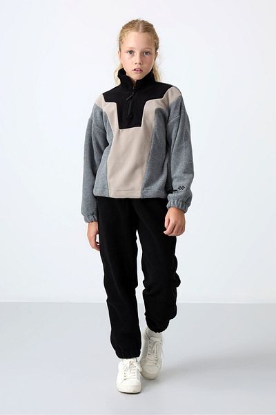 TOMMY LIFE Hanorac supradimensionat pentru fete din lână cu broderie gri Melange - Textura moale groasă - 75153