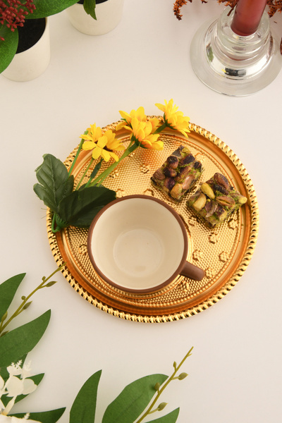 AKSESUAR EVRENİ Taval Yuvarlak Desenli Çay Ve Kahve Keyif Sunum Tepsisi Gold 1 Adet