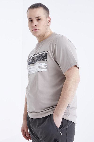 TOMMY LIFE Dark Beige Printed O-Neck Large Size Men's T-Shirt - 88073