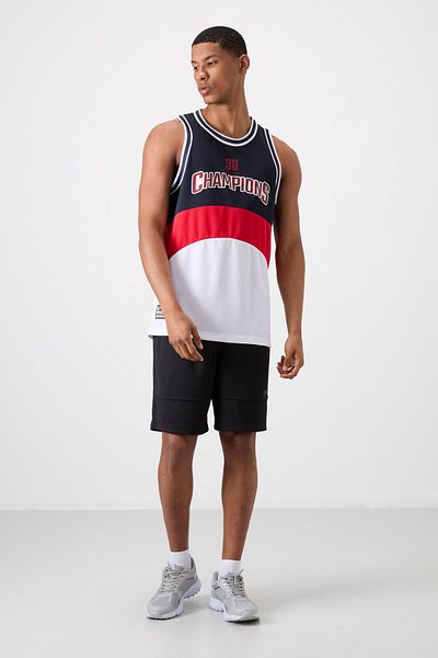 TOMMY LIFE White Polyester Breathable Textured Thin Flexible Standard Fit Men's Basketball Tank Top - 88395