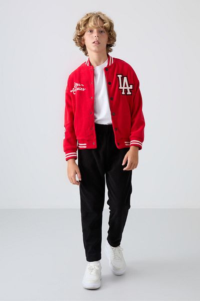 TOMMY LIFE Pantaloni de trening din fleece pentru băieți - negru brodat, textura moale groasă - 11219