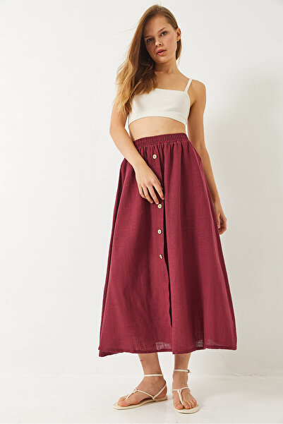 Bianco Lucci Women's Button Detailed Elastic Waist Short Lined Linen Skirt 60261391