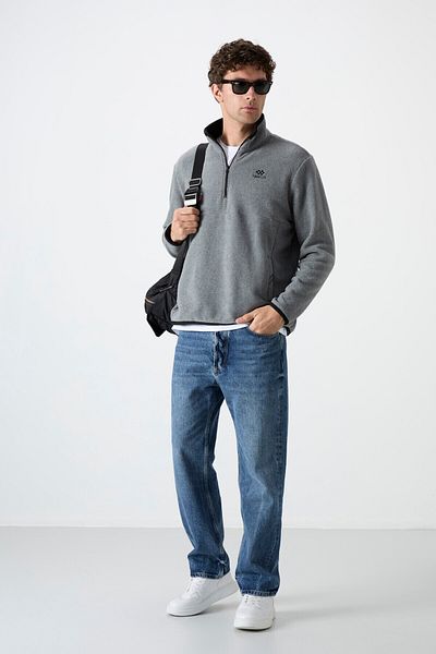 TOMMY LIFE Men's Polar Gray Melange - Half Zipper, Stand Collar, Slim Fit Sweatshirt - 87891