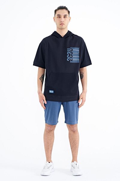 TOMMY LIFE Navy Blue Hooded Printed Kangaroo Pocket Oversize Men's T-shirt - 88196