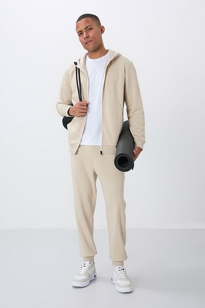 TOMMY LIFE Σετ ανδρικής φόρμας Comfort Fit με κουκούλα από μπεζ συμπαγή βαμβακερή χοντρή λεία υφή - 85262