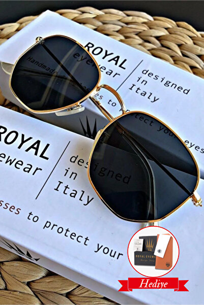WATCHOFROYAL Güneş Gözlüğü Kadın & Erkek Uv400 Cam Ce Belgeli Gold Siyah Hexaw (SİYAH SAPLI)