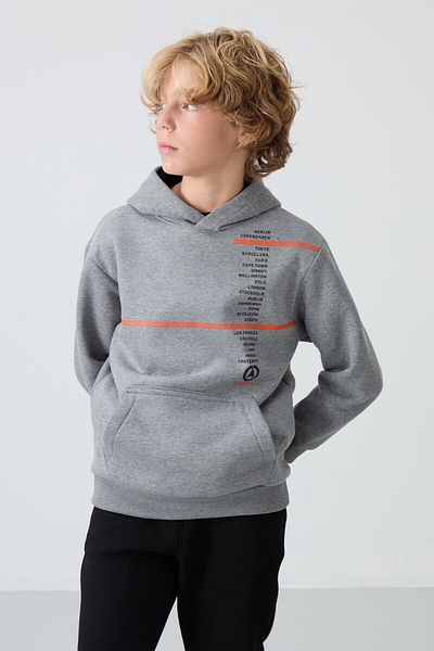 TOMMY LIFE Сив меланжиран памучен суитшърт за момче - дебел косъм отвътре, мека текстура, щампован - 112