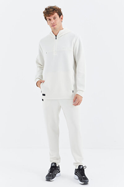 TOMMY LIFE Ανδρική φόρμα εκρού με κουκούλα με μισό φερμουάρ και λεπτομέρεια τσέπης - 85222