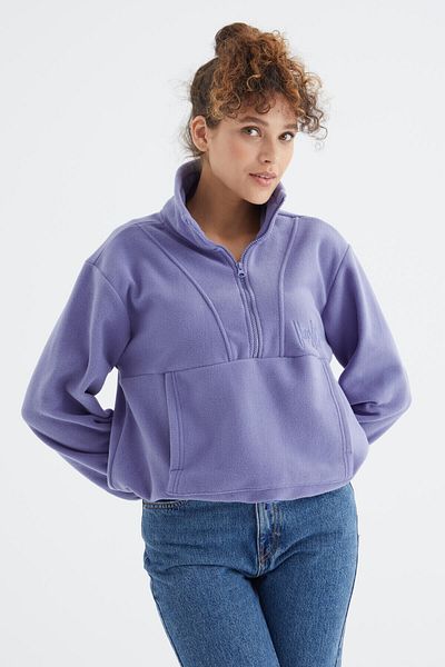 TOMMY LIFE Hanorac oversize din fleece pentru femei, cu jumătate de fermoar, liliac deschis, cu tiv adunat - 97171