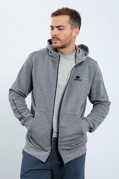 TOMMY LIFE Gray Melange Basic Hooded Comfortable Form Embroidery Detailed Zippered Men's Sweatshirt - 88035