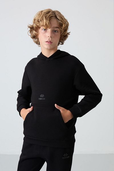 TOMMY LIFE Σετ φόρμας για αγόρι με μαύρη κεντημένη φόρμα - Χοντρό τρίχωμα εσωτερικά, απαλή υφή, βαμβακερό - 11255