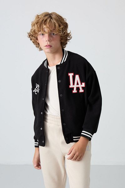 TOMMY LIFE Boys' College Jacket - Black Embroidered, Thick Soft Texture, Standard Fit - 11227