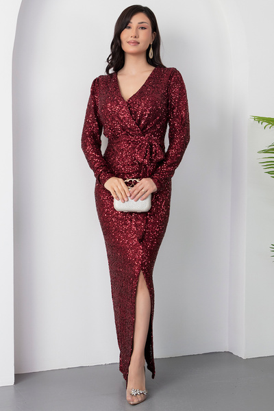 PULLIMM Kruvaze Yaka Beli Fiyonklu Uzun Kol Pullu Abiye Elbise 39971