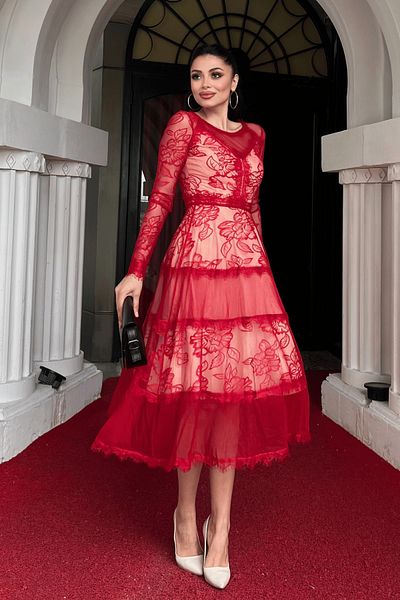 giyimmasalı Tulle Lace Midi Length Evening Dress - Red