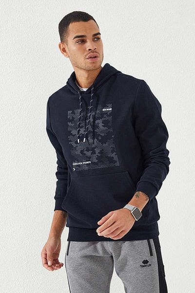 TOMMY LIFE Ανδρικό φούτερ - Navy Blue μοτίβο παραλλαγής, εμπριμέ, κουκούλα, τυπική εφαρμογή - 87884