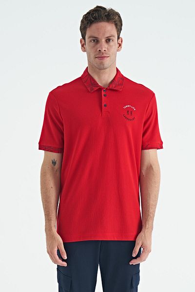 TOMMY LIFE Red Text Embroidered Print Detailed Standard Pattern Polo Neck Men's T-Shirt - 88239