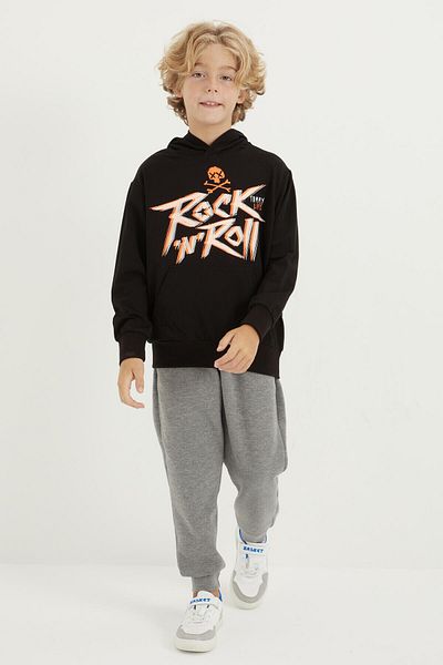 TOMMY LIFE Black Printed Kangaroo Pocketed Hooded Standard Mold Boy's Sweatshirt - 11002