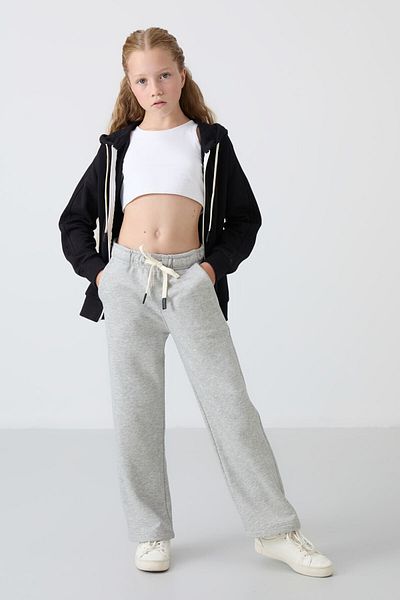 TOMMY LIFE Gray Embroidered Embroidered Girl's Sweatpants - Melange Cotton, Furry Inside, Soft Textured - 75146