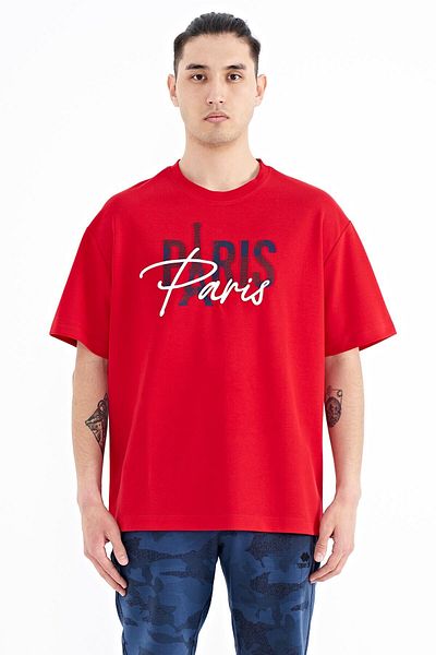 TOMMY LIFE Red Text Embroidered O Neck Oversize Men's T-shirt - 88223