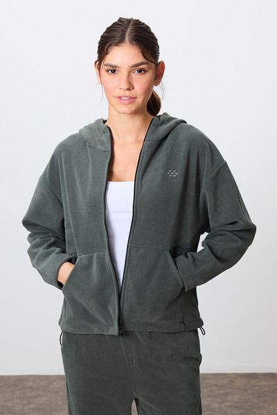 TOMMY LIFE Γυναικεία αθλητική φόρμα με κέντημα χακί Oversize Fleece - Χοντρή απαλή υφή, με κουκούλα -95338