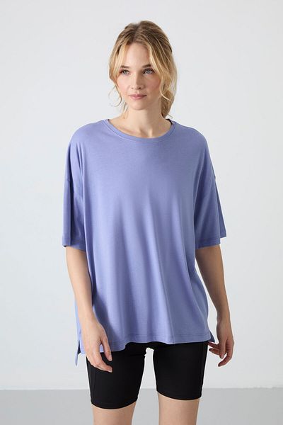 TOMMY LIFE Tricou de damă oversize din bumbac pieptănat ușor liliac - Model de bază cu nasturi moale - 97285