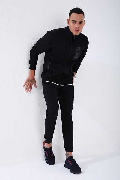 TOMMY LIFE Ανδρική φόρμα αθλητικής φόρμας Navy Blue Stand γιακά με τυπωμένο κείμενο Standard Fit με μανσέτες - 85149