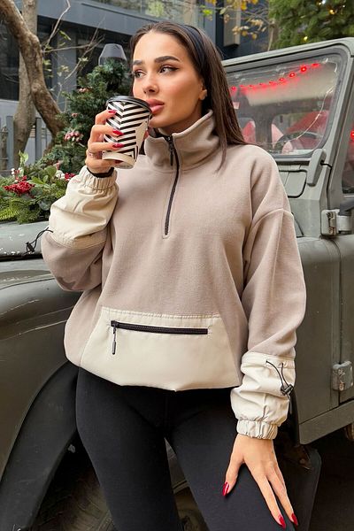 TOMMY LIFE Σκούρο μπεζ oversize φλις φούτερ - μισό φερμουάρ, μαζευμένο στρίφωμα - 97238