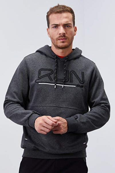 TOMMY LIFE Antrasit Melanj Yazı Nakışlı Standart Kalıp Kapüşonlu Erkek Sweatshirt - 87887