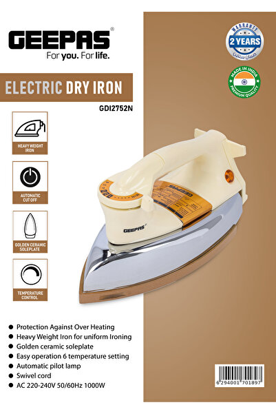 Geepas 1000W Electric Heavy Weight Dry Iron, Golden Ceramic Soleplate, GDI2752N, Adjustable Temperature