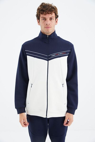 TOMMY LIFE Ecru Stand Collar Color Blocked Hidden Pocket Detailed Comfortable Fit Men's Sweatshirt - 88290