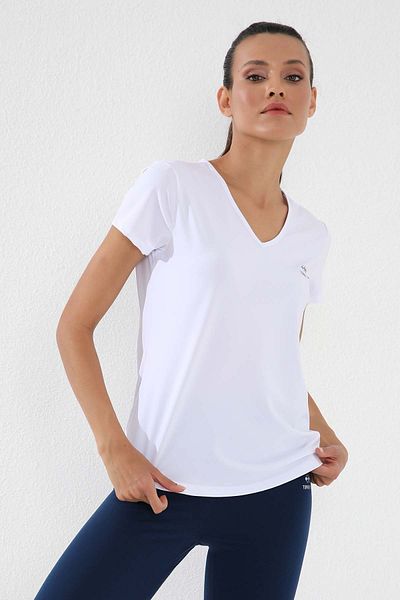 TOMMY LIFE Tricou alb de bază cu mânecă scurtă, cu decolteu în V, pentru femei - 97145