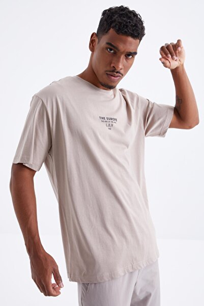 TOMMY LIFE Dark Beige Back Printed O Neck Men's Oversize T-shirt - 88091