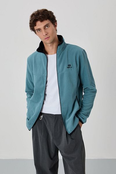 TOMMY LIFE Ανδρικό φούτερ Fleece - Mint Green, Κεντημένος γιακάς, Φερμουάρ - 87992