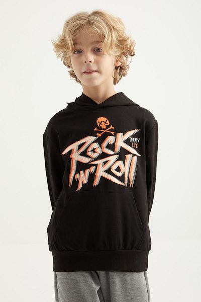 TOMMY LIFE Black Printed Kangaroo Pocketed Hooded Standard Mold Boy's Sweatshirt - 11002