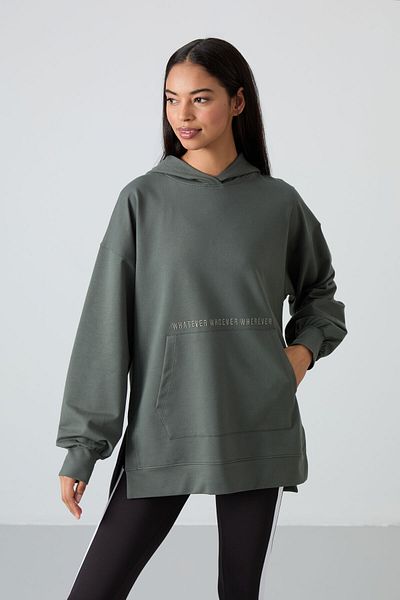 TOMMY LIFE Çağla Balloon Sleeve Text Vyšívaná dámská oversize tunická mikina - 97163