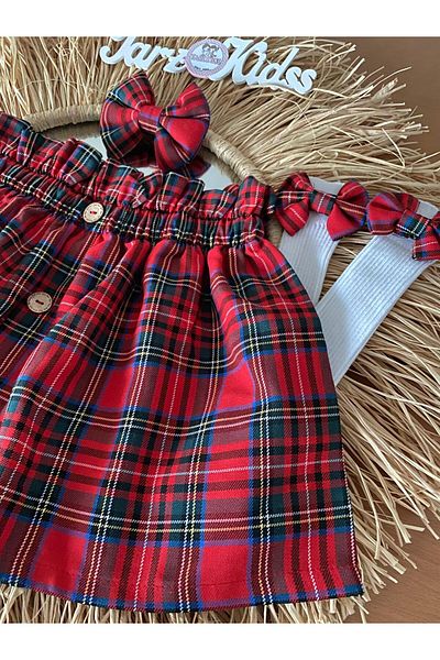 EBRU ÖZÖRGÜCÜ Girl Child Plaid Scottish Fabric Skirt Socks Buckle Set