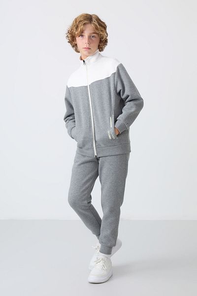 TOMMY LIFE Boy's Tracksuit Set - Gray Melange, Cotton, Thick Fur Inside, Soft Textured Embroidery